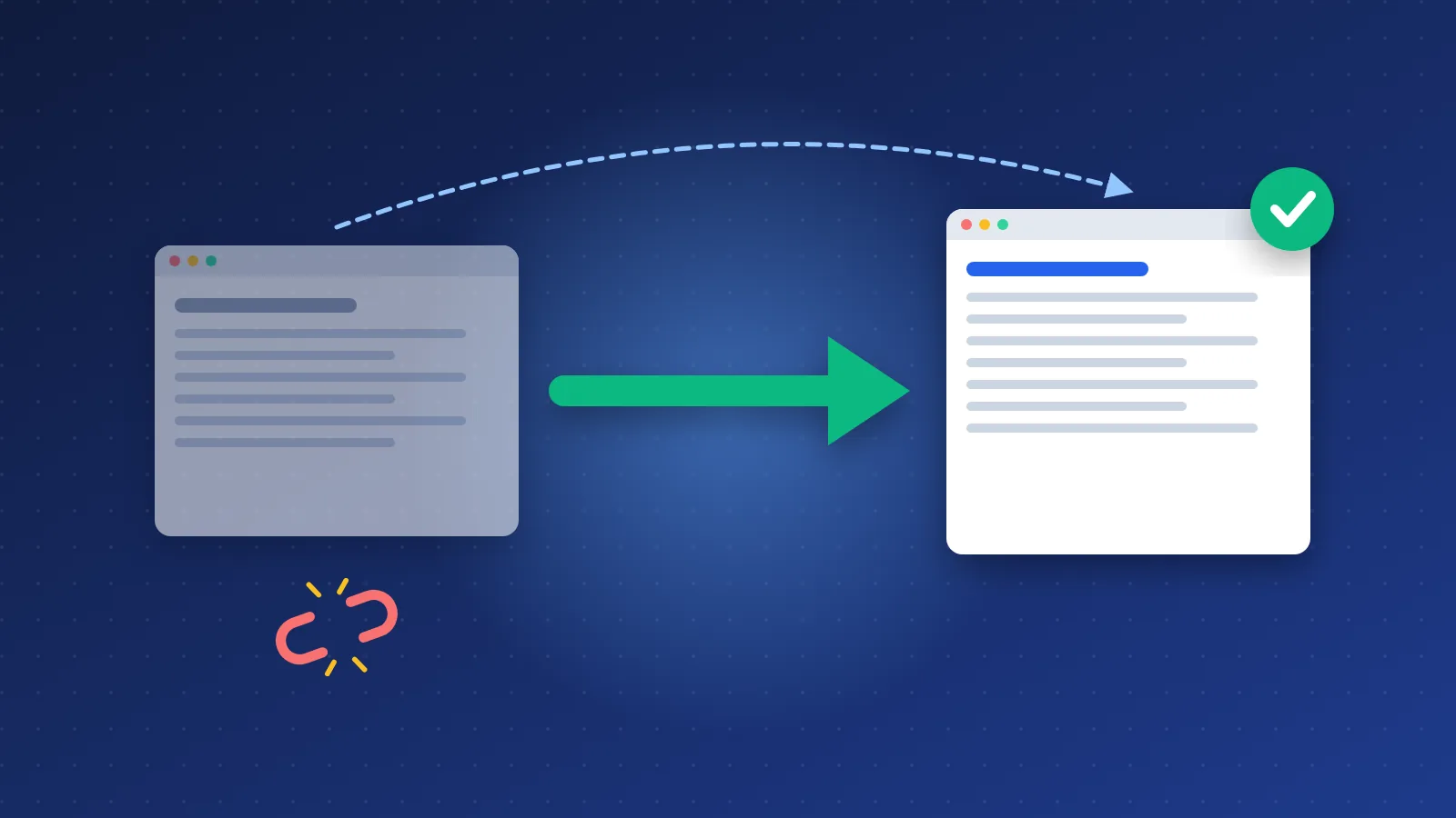 Illustration of a 301 redirect moving visitors from an old page to a new page