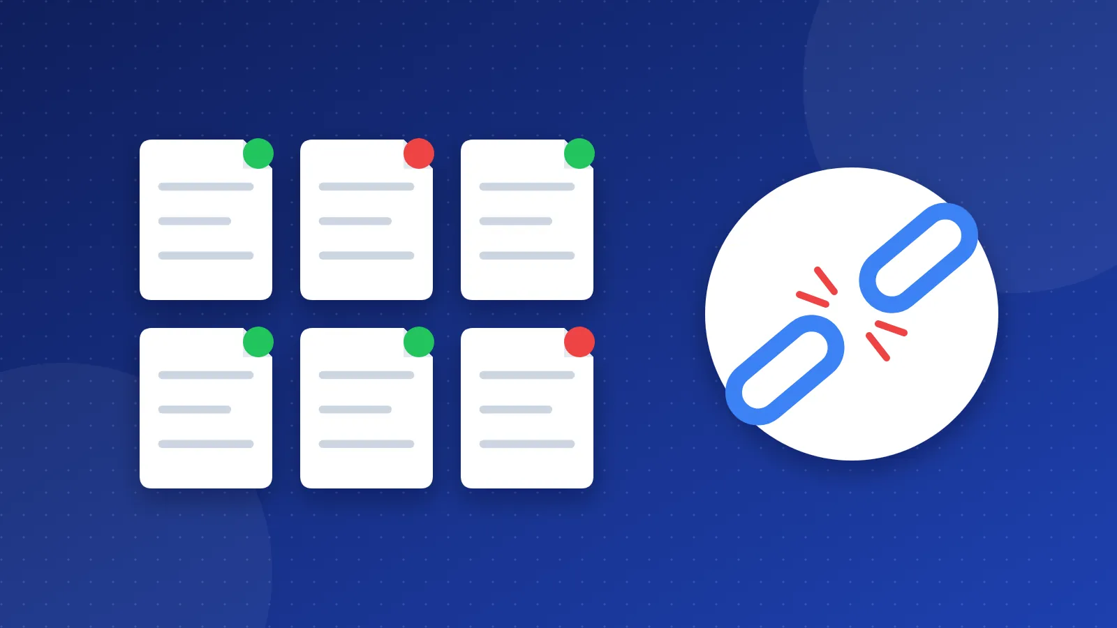 Illustration of a grid of pages with green and red dots next to a broken link icon