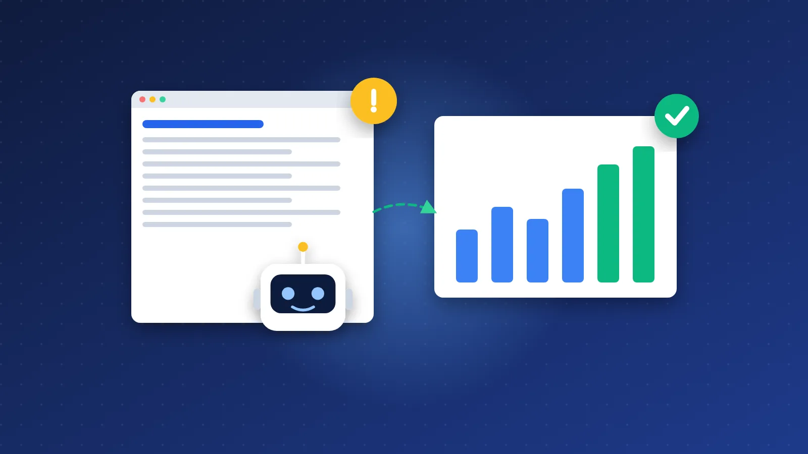 Illustration of a crawler on a blog page next to a chart of pages getting indexed