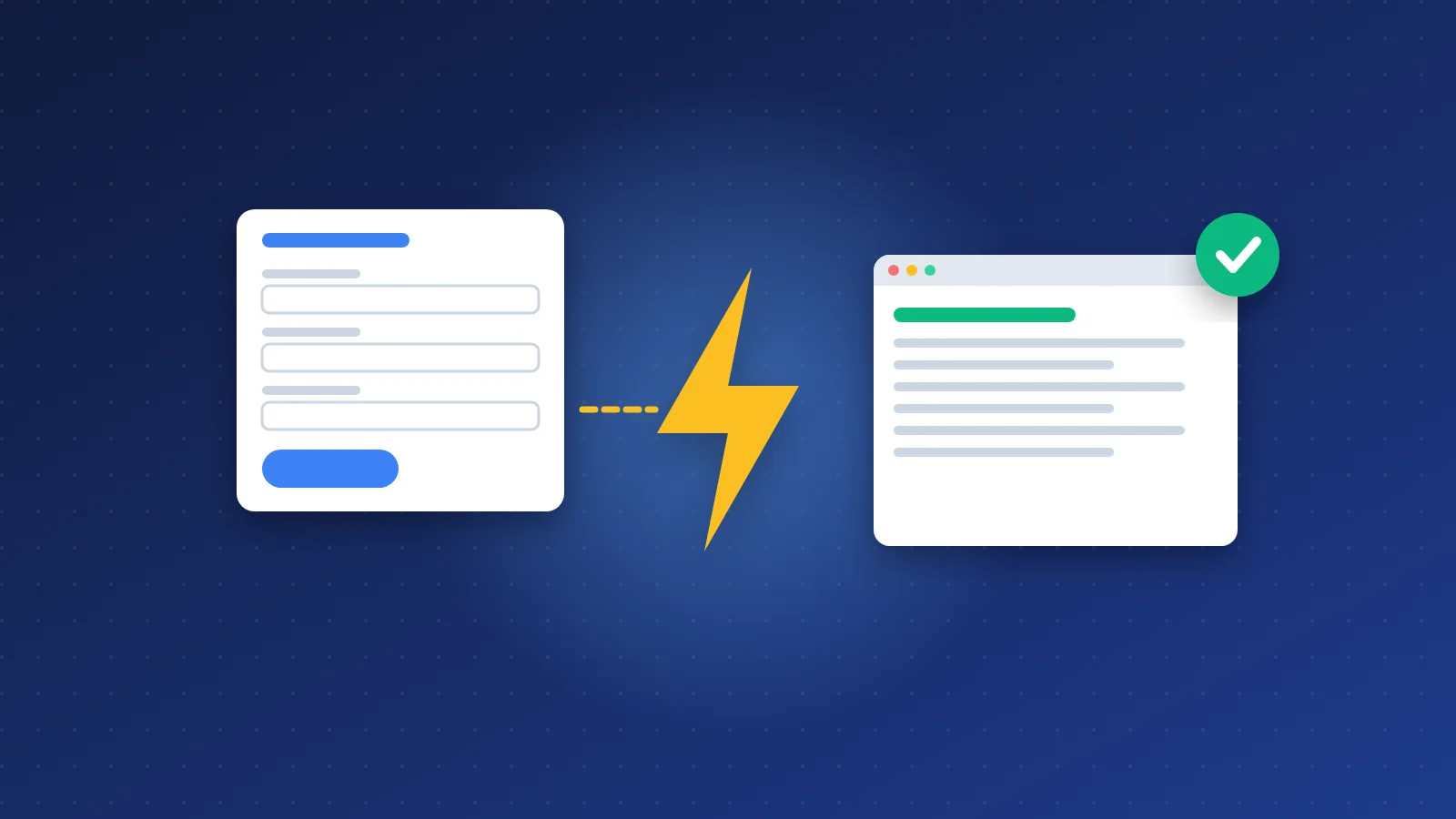 Illustration of a submission form turning instantly into a live listing, shown with a lightning bolt