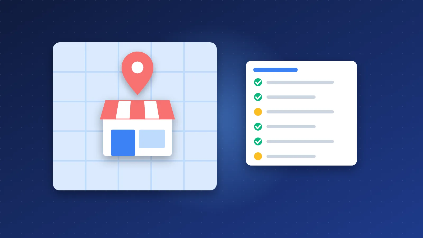 Illustration of a local shop with a map pin next to a checked list of local directories
