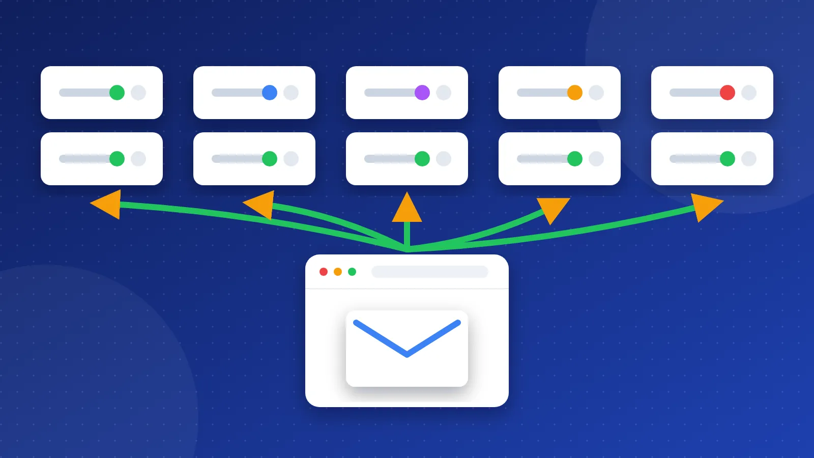 Illustration of several mail servers in a row, each linked to one browser card by a locked connection.