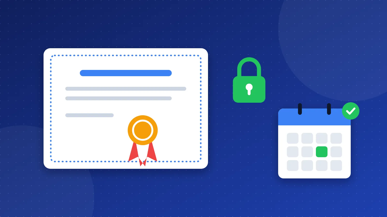 Illustration of an SSL certificate with a ribbon, a green padlock and a calendar with a tick