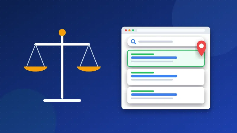 Illustration of a law firm's web page weighed on a balance scale of trust signals, with indexing shown as a small first step.