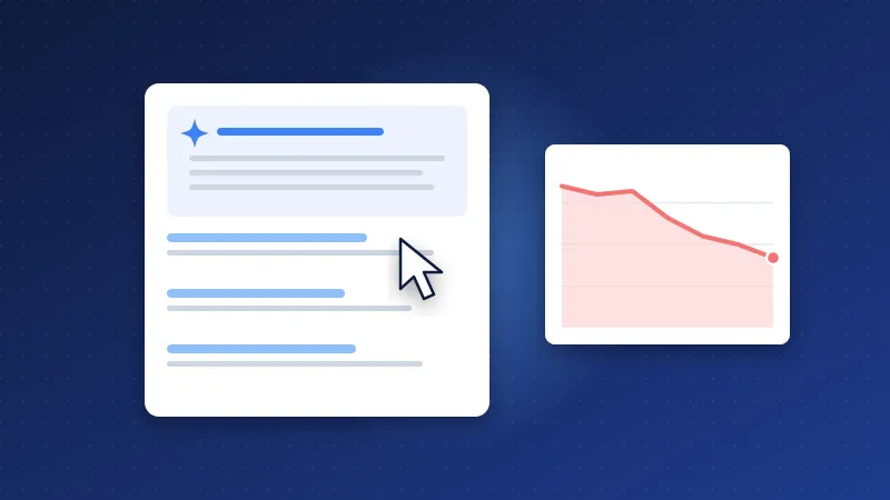 Illustration of an AI overview above search results next to a falling click-through-rate chart