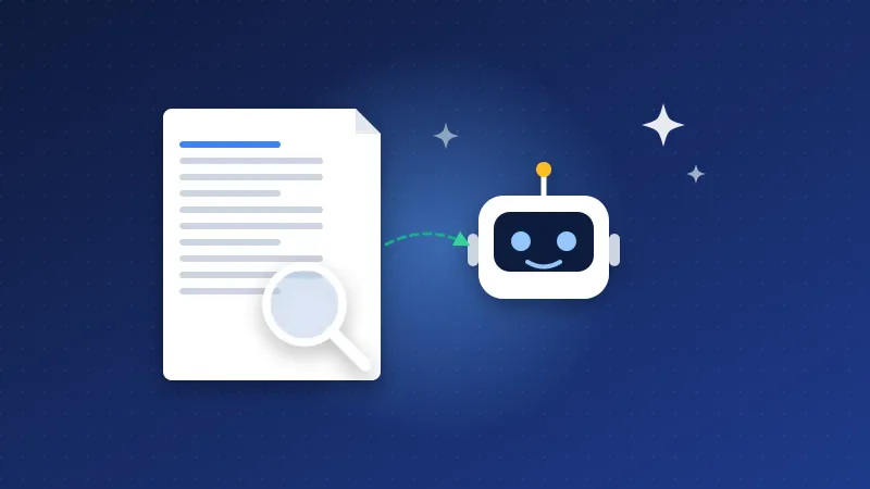 Illustration of an AI assistant robot reviewing a written article with a magnifying glass