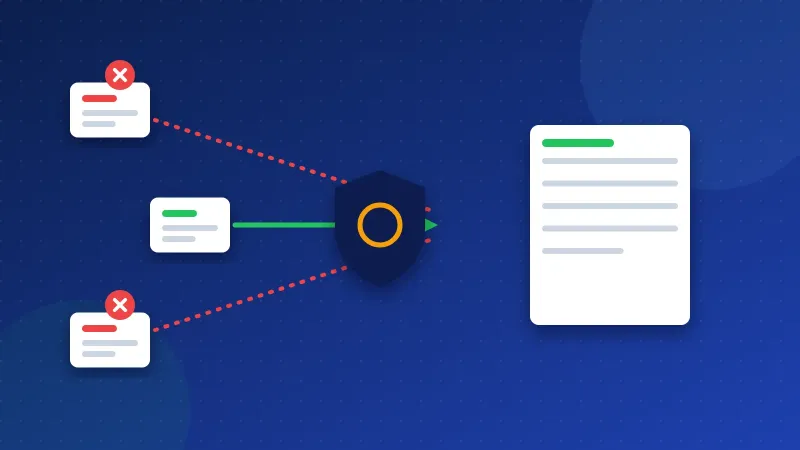 Illustration of a website protected by a shield while red spam links are filtered out and a warning flag marks a manual action.