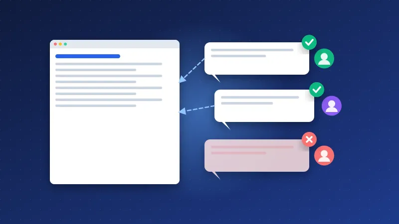 Illustration of approved and rejected blog comments next to a blog post