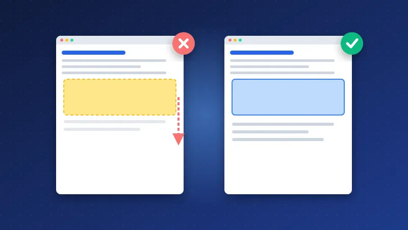 Illustration comparing an ad pushing content down with a reserved ad slot that prevents layout shift