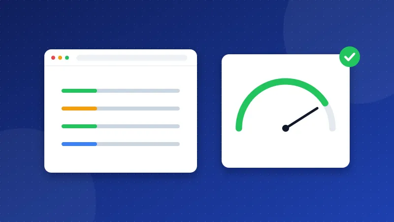 Illustration of a browser card loading a page with a speed gauge, a tap icon and a steady layout grid.