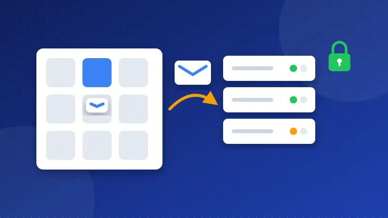 Illustration of a control panel card sending a white envelope to a mail server with a green padlock.