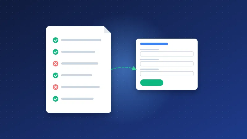 Illustration of a submission checklist with approved and rejected items next to a directory form