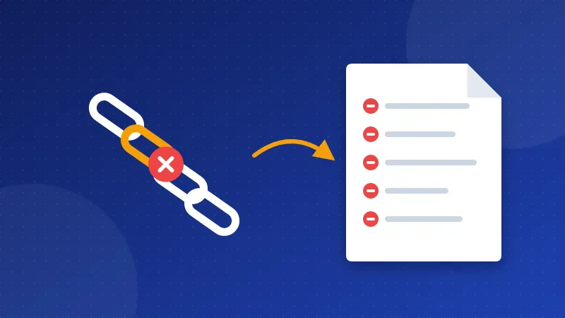 Illustration of a broken chain link with a red cross next to a page listing blocked domains