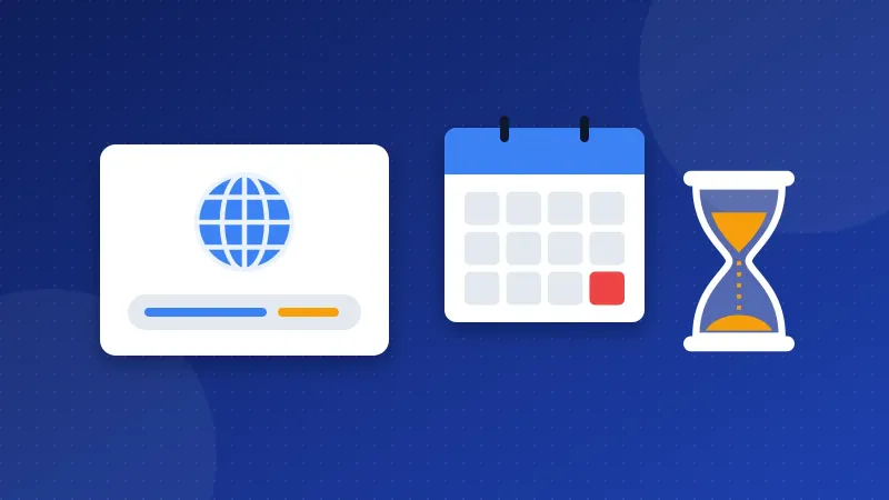 Illustration of a domain card with a globe, a calendar with a marked date and an hourglass