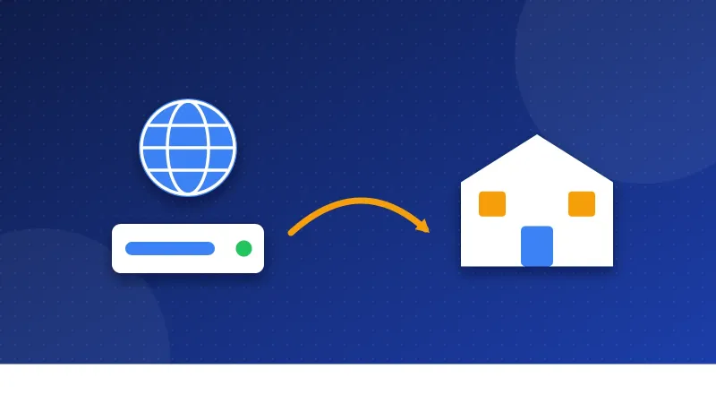 Illustration of a street sign with a globe icon pointing to a small house made of browser windows, showing an address leading to a home.