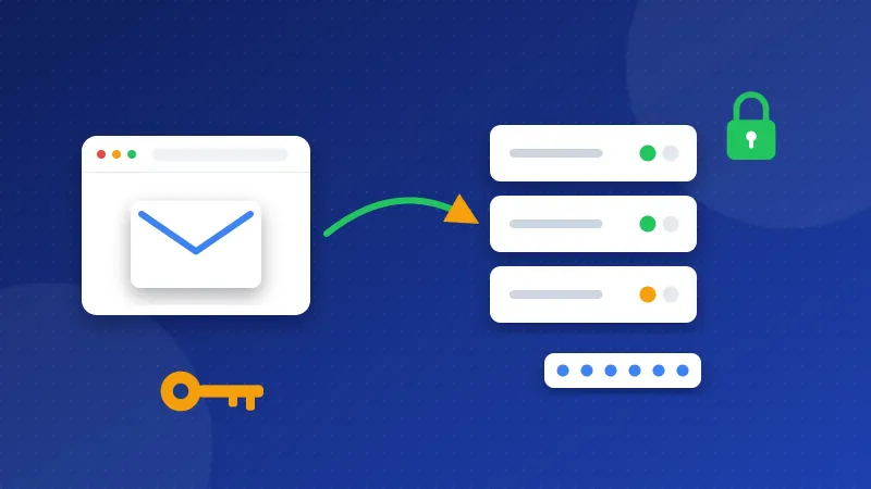 Illustration of a website sending an email through an SMTP server with a locked connection and an app password key.