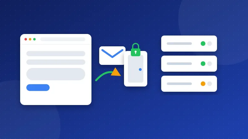Illustration of a website card sending an envelope through a locked door to a mail server.