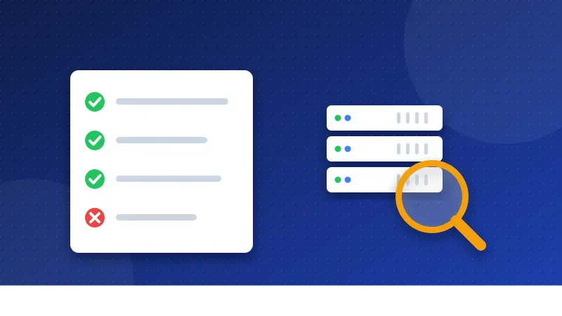 Illustration of a checklist card beside a small server, with ticks next to icons for uptime, a padlock, a backup box and a support chat bubble.
