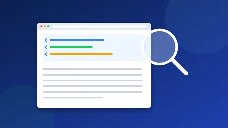 Illustration of a magnifier revealing the hidden head section of a web page in a browser window.