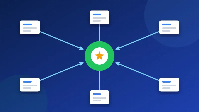 Illustration of several websites linking to one useful guide page with green arrows, while a pile of spam links is blocked by a shield.