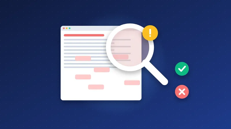 Illustration of a magnifying glass inspecting a spammy web directory page with warning signs
