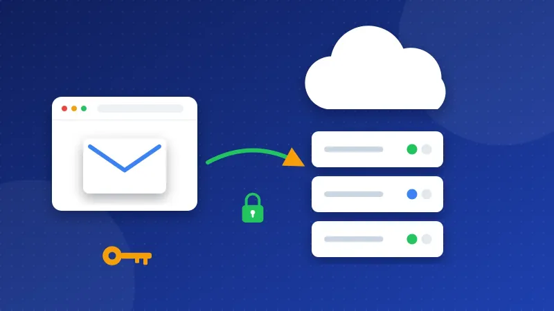 Illustration of a laptop app sending email to a cloud mail server through a locked connection using a one-app password.