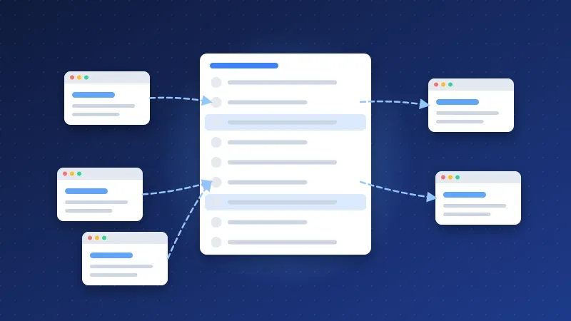 Illustration of internal links connecting article pages to a central list page