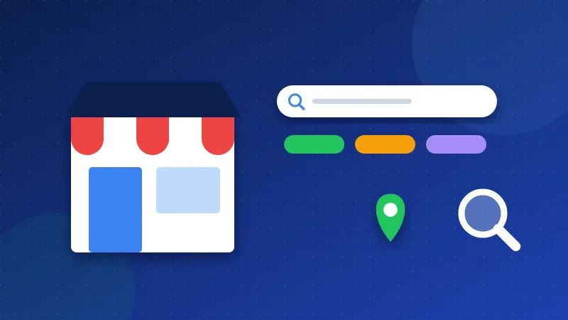 Illustration of local keyword research, with a map pin, a small shop and keyword cards linked to service pages.