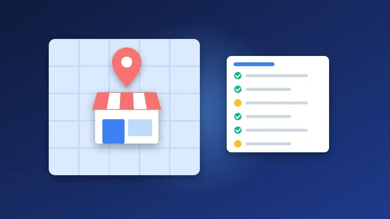Illustration of a local shop with a map pin next to a checked list of local directories