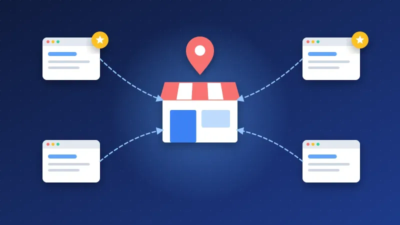 Illustration of a local shop with a map pin connected to business directory listings