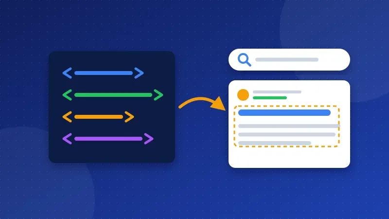 Illustration of a code panel of tags turning into a search result card