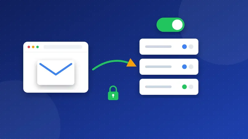 Illustration of an admin switch turning on authenticated SMTP so a business mailbox can send mail through a locked connection.