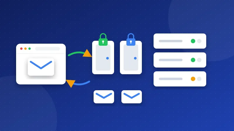 Illustration of one mail server sending and receiving envelopes through two locked doors.