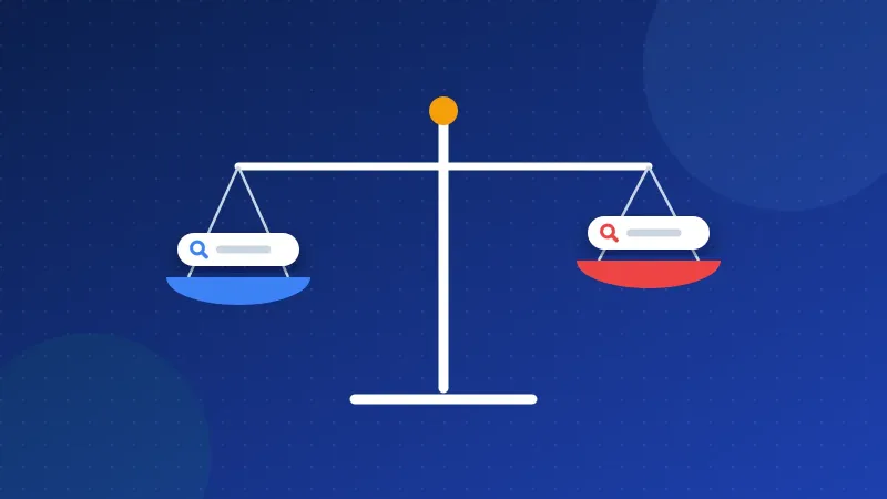 Illustration of a balance scale between two search result pages, with a separate independent index node beside them.