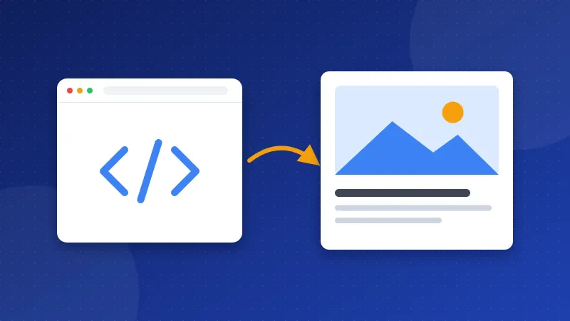 Illustration of a web page in a browser card turning into a neat share card with a picture inside a chat bubble.