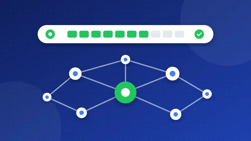 Illustration of a score bar above a network of linked pages with one strong page in the middle