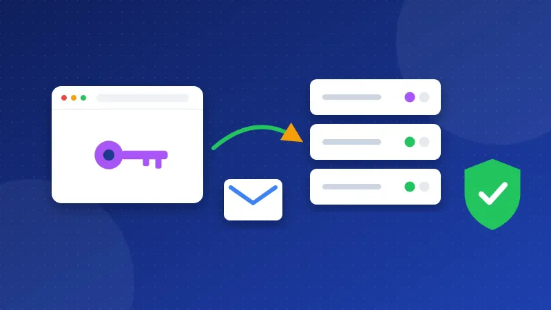 Illustration of a website card sending an envelope with a key token to a locked mail server.