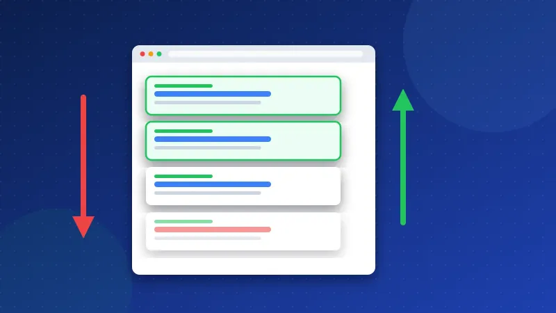 Illustration of positive search results rising above a negative result that an arrow pushes down the page, showing how reverse SEO works.