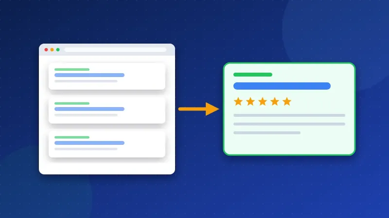 Illustration of a search result card being polished with a clearer title, snippet and star rating so it stands out from plain results.