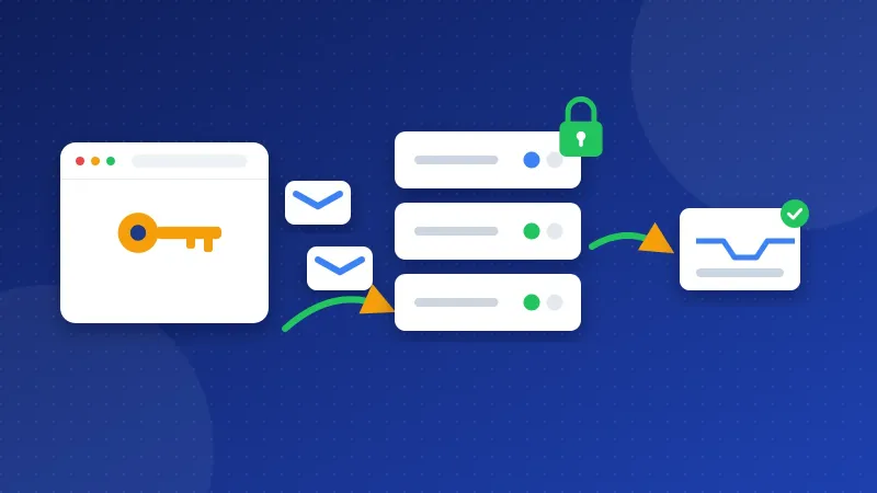 Illustration of an app card using a key to send envelopes through a relay server.
