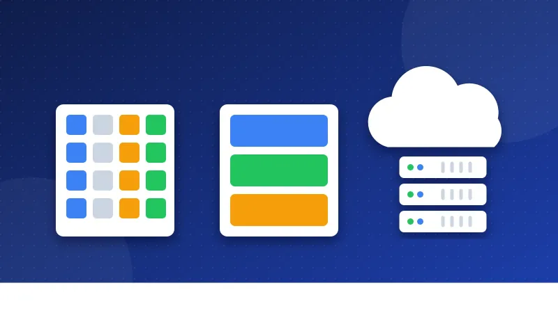 Illustration of four server setups side by side: one shared server with many small sites, a server split into private boxes, a cloud of linked servers and a server with a WordPress-style gear.