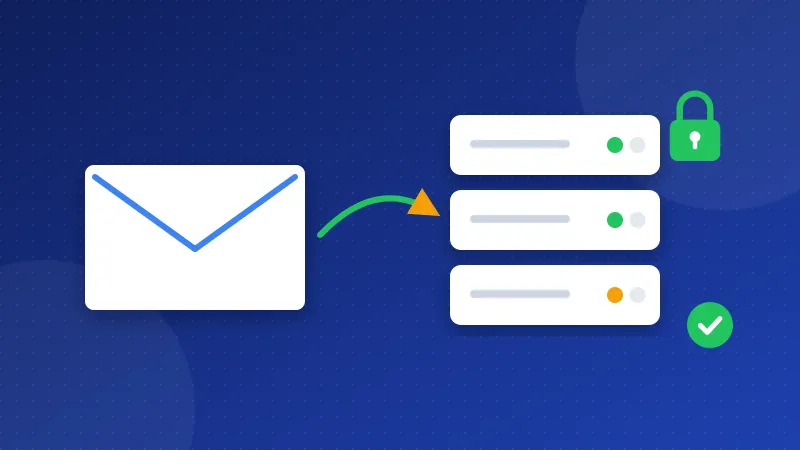 Illustration of an envelope traveling along an arrow to a stack of mail servers with a green padlock and a green tick