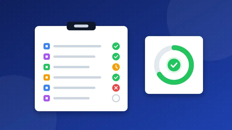Illustration of a checklist of directory submissions with green, orange and red status marks next to a progress ring