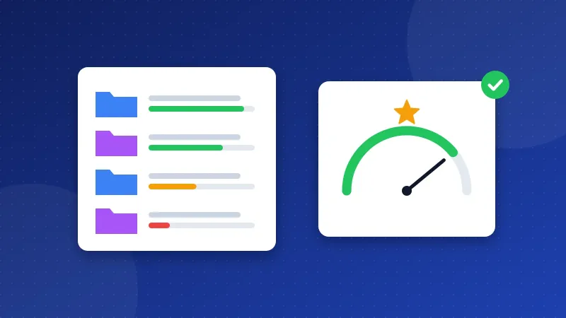 Illustration of a list of directory folders with quality bars next to a speed gauge with a star