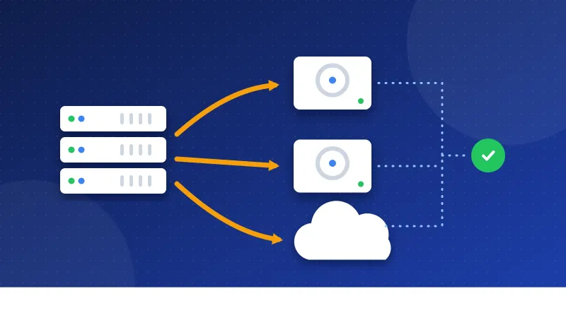 Illustration of a website browser card copying its files and database into three backup boxes, one of them floating off to a distant cloud.