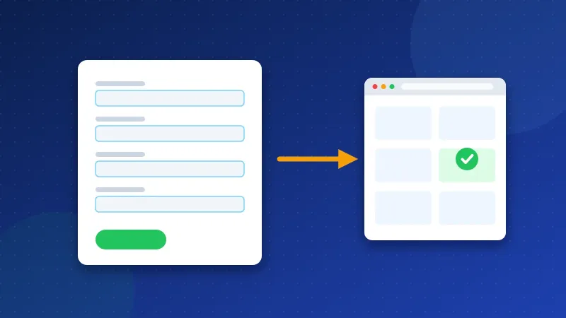 Illustration of a directory submission form being filled in step by step, with a checklist and an approved listing card.