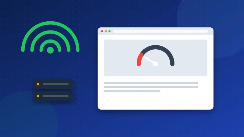 Illustration of a fast connection arrow reaching a browser window that is still loading because of a heavy page and a slow server.