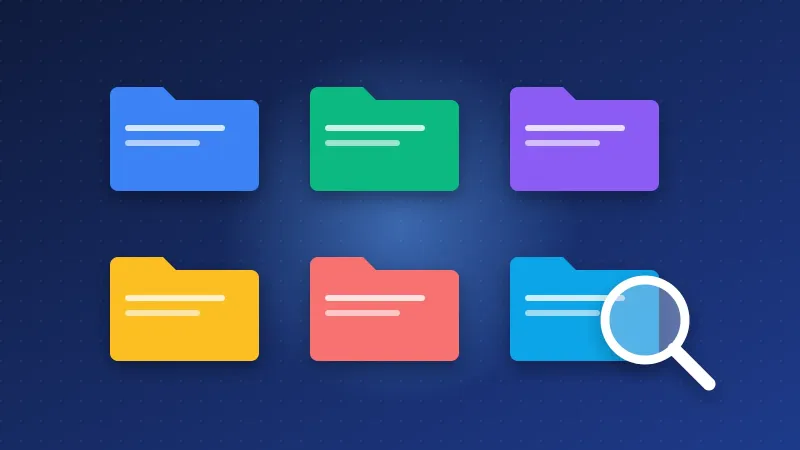 Illustration of colourful category folders being searched with a magnifying glass, like a web directory