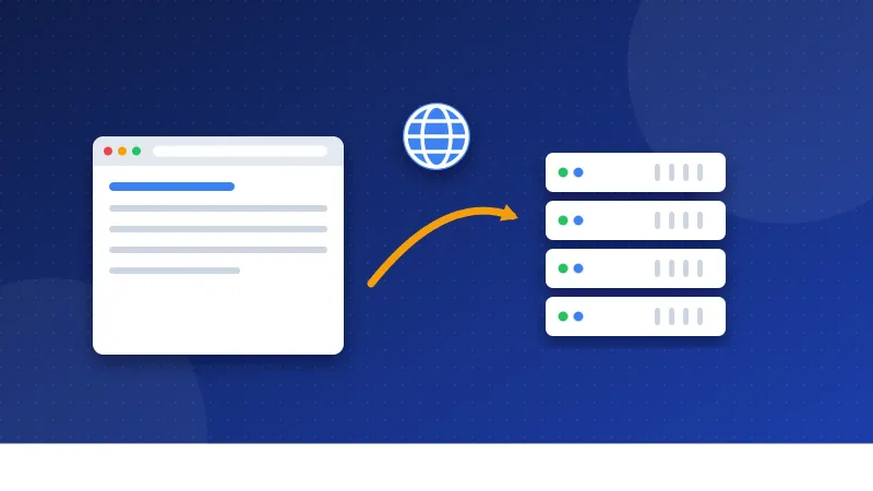 Illustration of a website's files moving from a server rack across the internet to a browser window on a laptop.