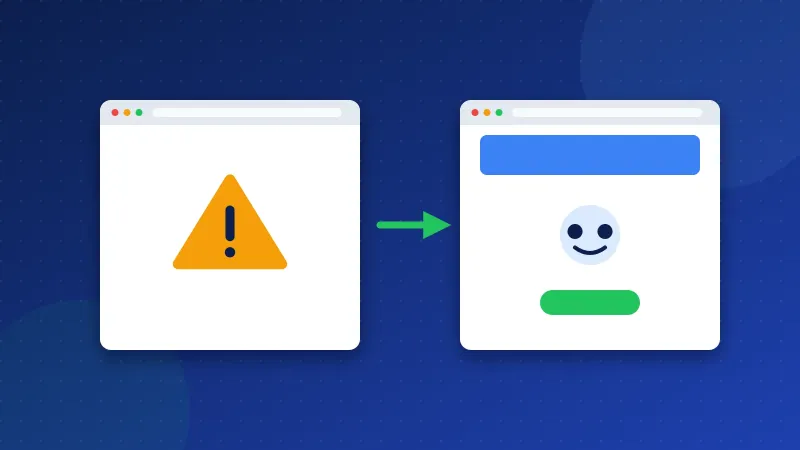 Illustration of a plain blank error page being replaced by a friendly branded error page with helpful links.